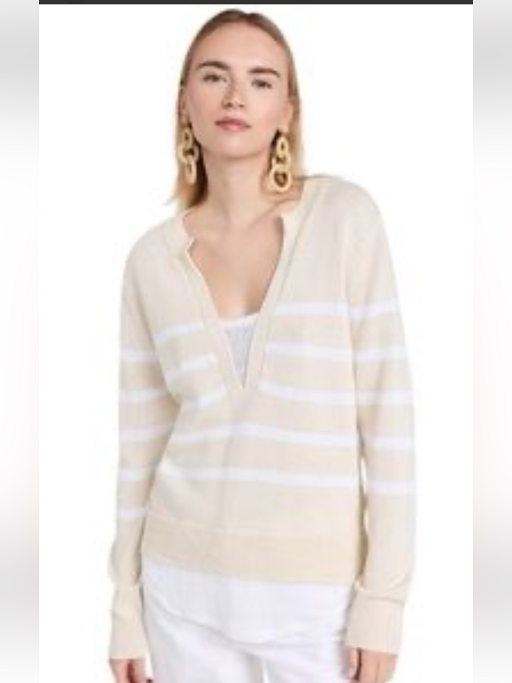 Brochu Walker Beige and White Striped V-Neck Pullover like new excellent cond